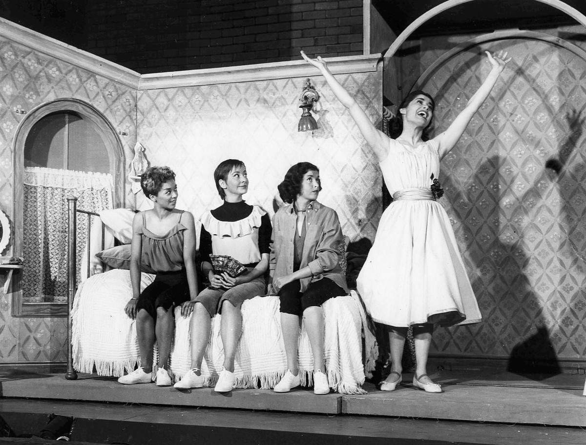 Photo from the "I Feel Pretty" musical number from West Side Story. Pictured from left: Elizabeth Taylor (Francesca), Carmen Gutierrez (Teresita), Marilyn Cooper (Rosalia), Carol Lawrence (Maria). 1957.