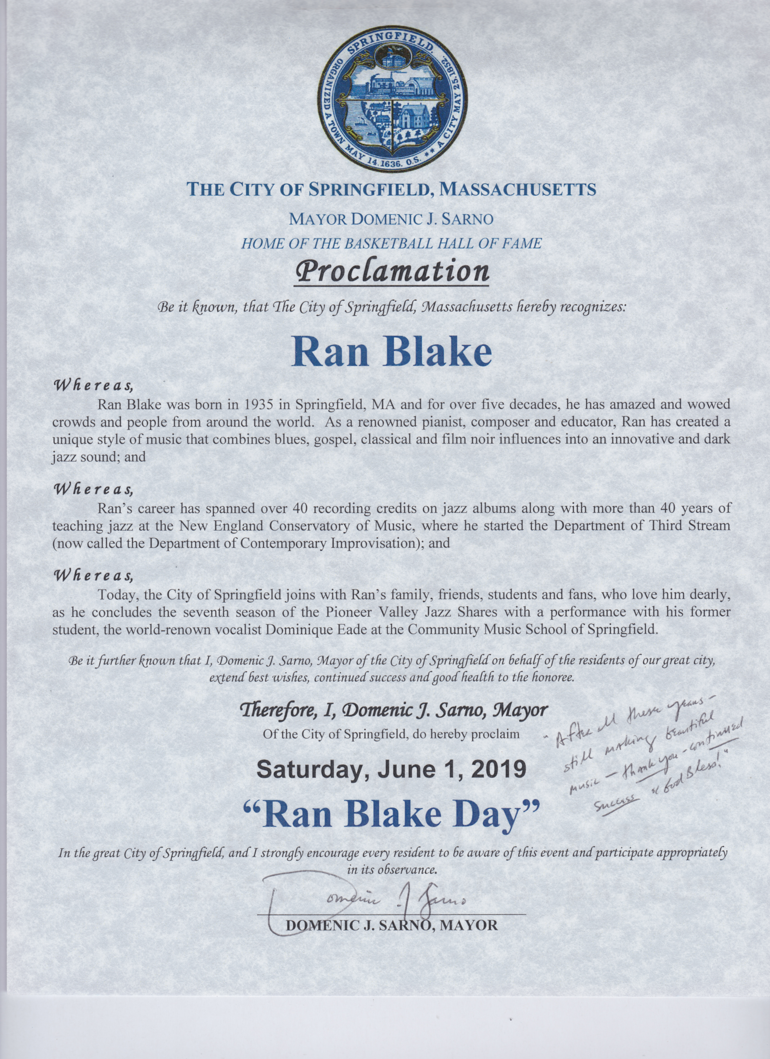 A declaration of "Ran Blake Day" from the Mayor of Springfield