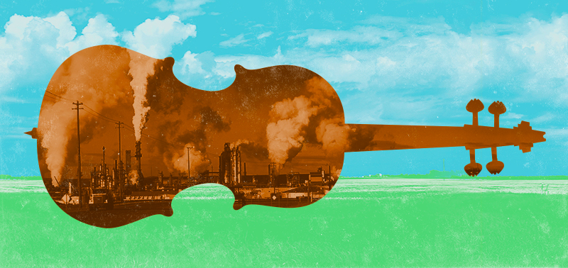 A graphic of a viola with smokestacks of an oil refinery overlaid.