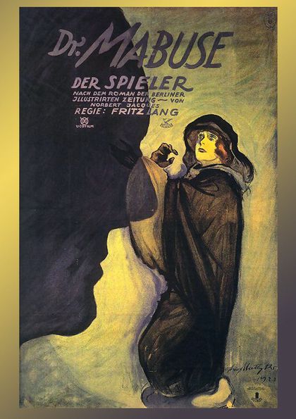 Poster for Dr. Mabuse: Der Spieler. On the left is a dark silhouette of a face. On the right, a green background and a figure wrapped in a black cloak.