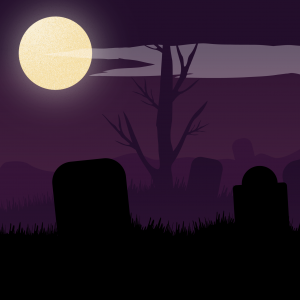 A full moon over a graveyard and spooky purple sky.