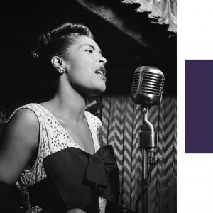 Billie Holiday sings into a microphone in one black and white image, while George Jones plays guitar and sings in a second picture.
