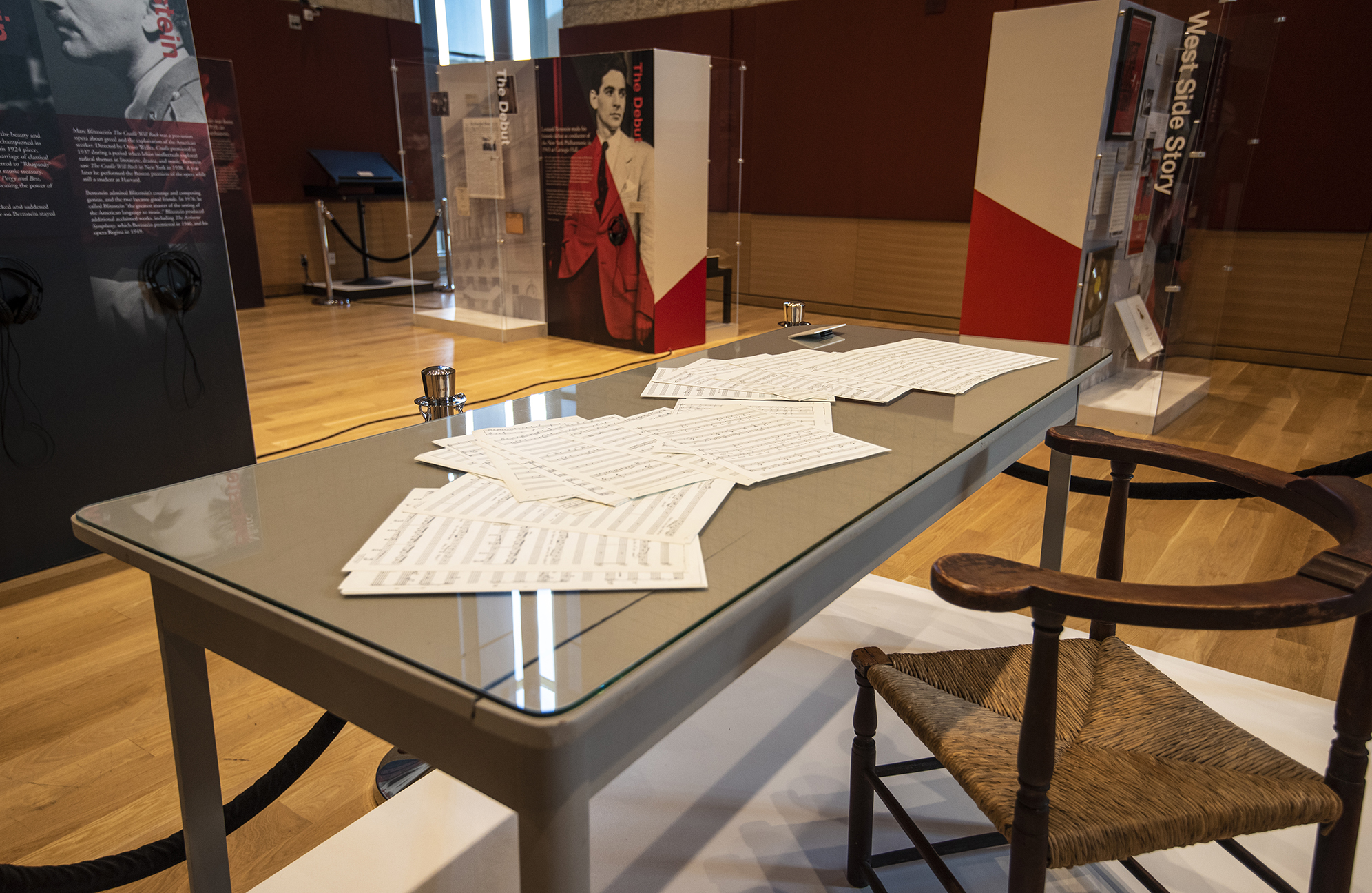Leonard Bernstein's writing desk with sheet music, as displayed in Leonard Bernstein at 100 exhibit, on display in NEC's Burnes Hall.
