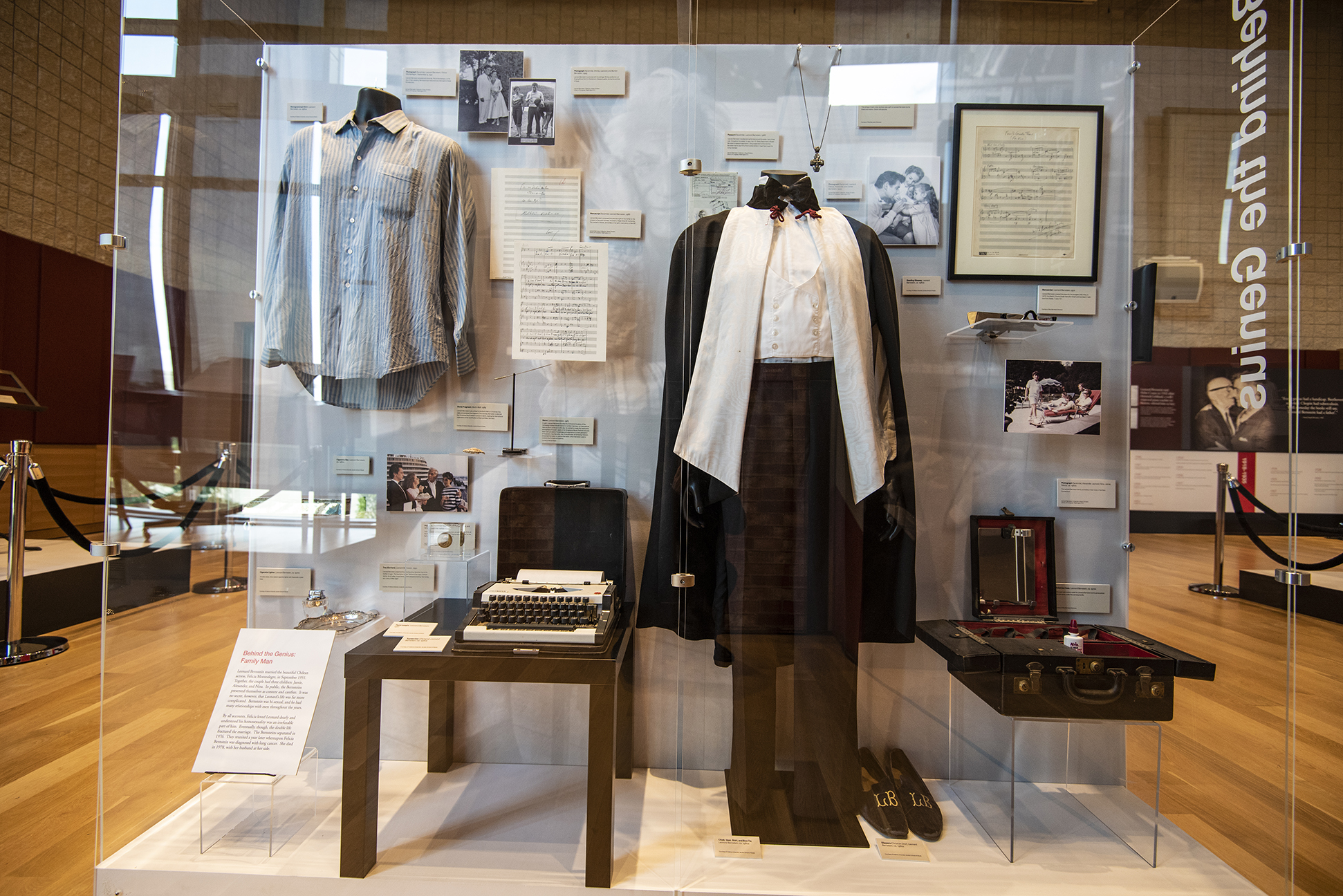 A tuxedo and other costume items, on display in the Leonard Bernstein at 100 exhibit at New England Conservatory's Burnes Hall.