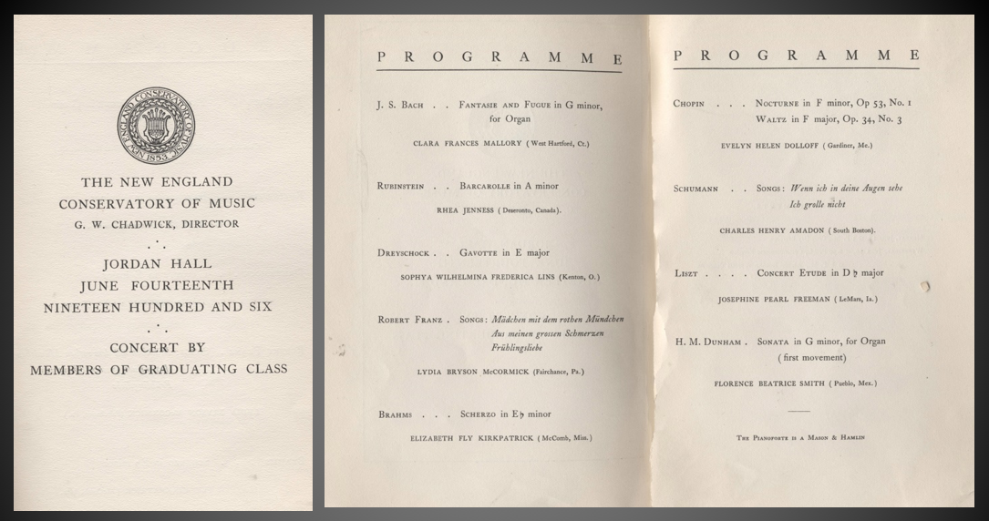 Program from the NEC Commencement concert, 1906. Florence Beatrice Smith performed the first movement of Henry Dunham’s Sonata in G minor, for organ.