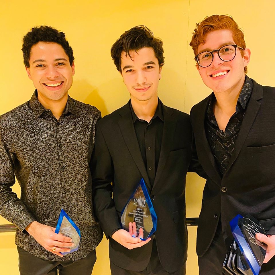Jordan Bak, Gabriel Martins, Aaron Olguin smile while holding their trophies for the 2020 Sphinx Competition