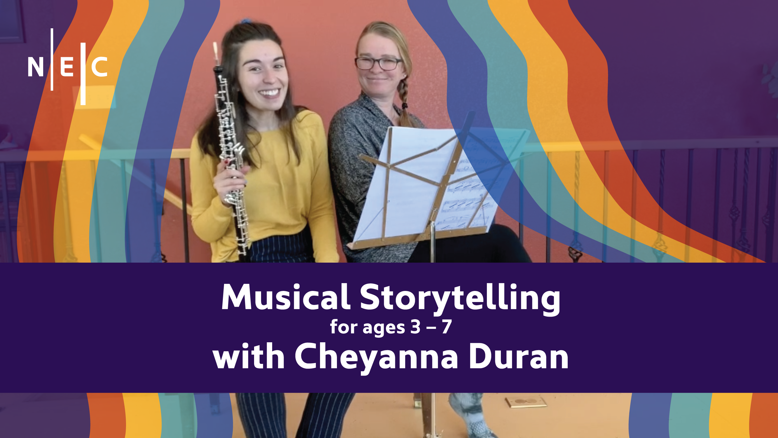 Cheyanna Duran and her mom smile with a rainbow background. Text: Musical Storytelling for ages 3 – 7 with Cheyanna Duran