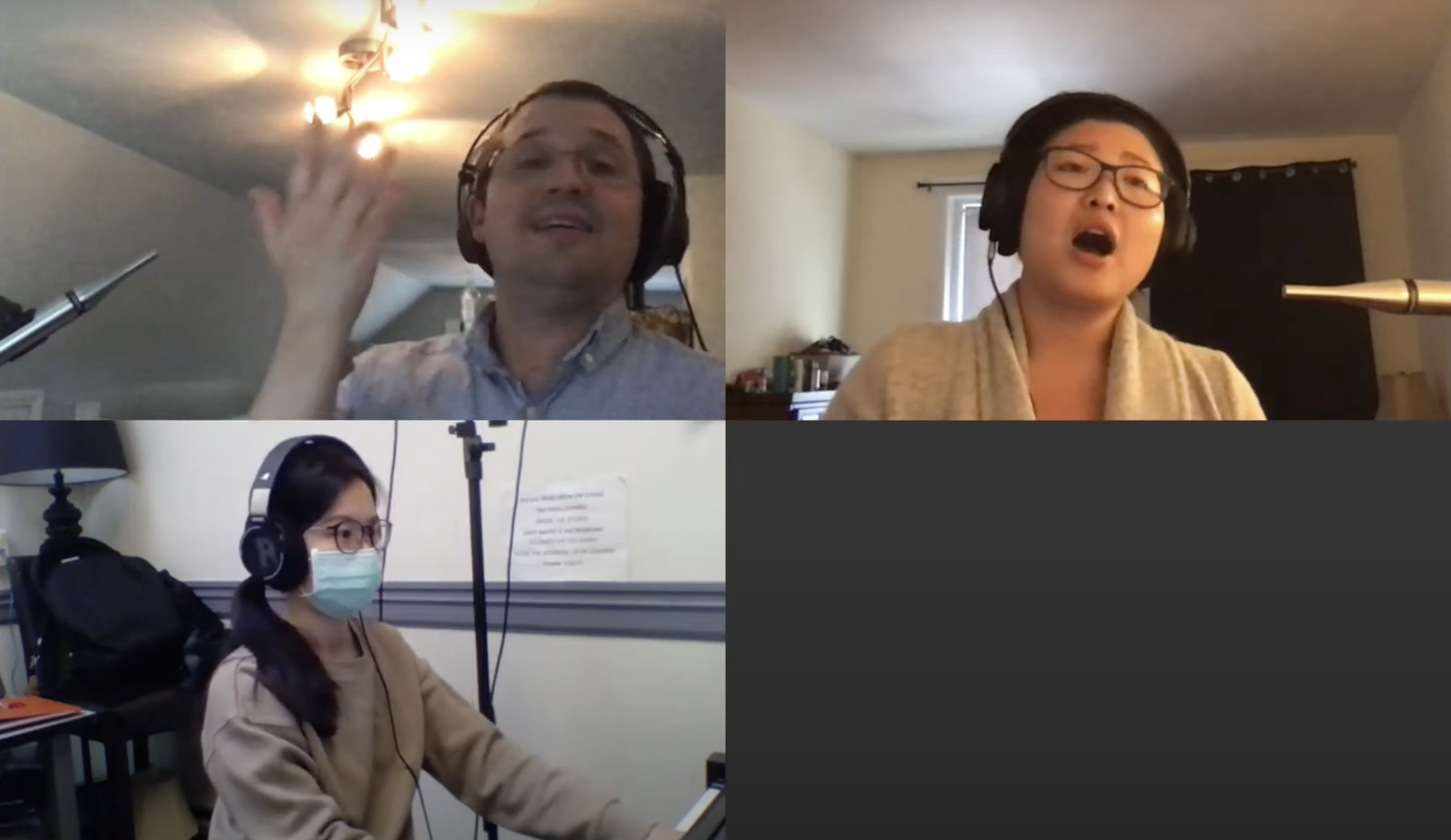 A voice lesson. The singer (Michaela Kelly), pianist (Cynthia Tseng), and teacher (Ian Howell) are all connected on SoundJack  audio and LiveLab video. The teacher and singer are both in their homes in the Boston Metro Area. The pianist is in one of NEC’s SoundJack Low Latency Rooms. 