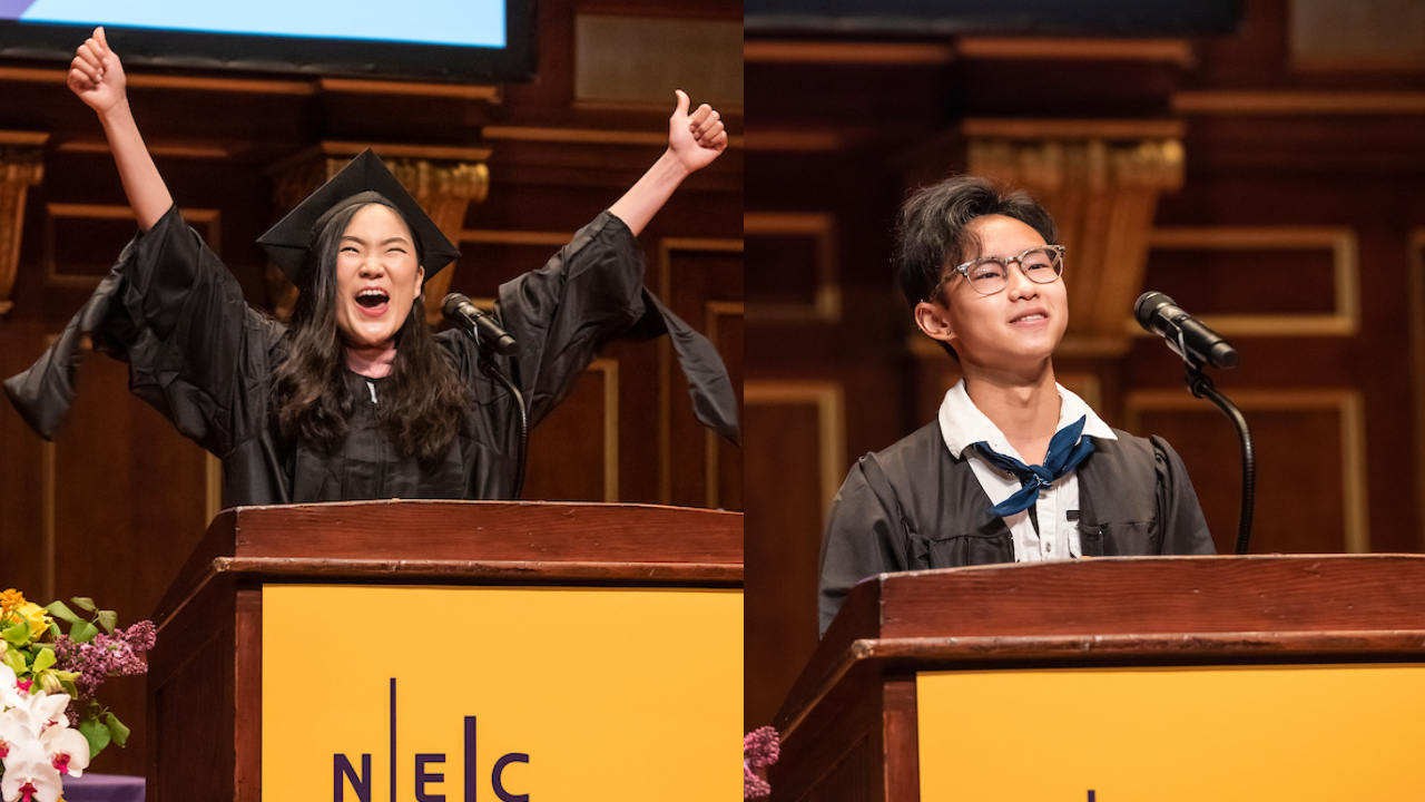 Side by side image of Esther Tien and Robbie Bui. Esther smiles and raises her arms triumphantly overhead while wearing a graduation cap and gown and standing at a podium. Robbie smiles and looks into the distance at the podium.