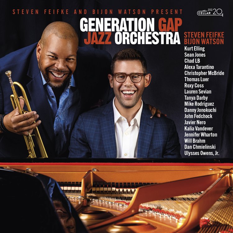 Two men smile on a jazz album cover. One has brown skin and is holding a trumpet. One has light skin and is seated at the piano. The album title "Generation Gap Jazz Orchestra" is featured in the image.