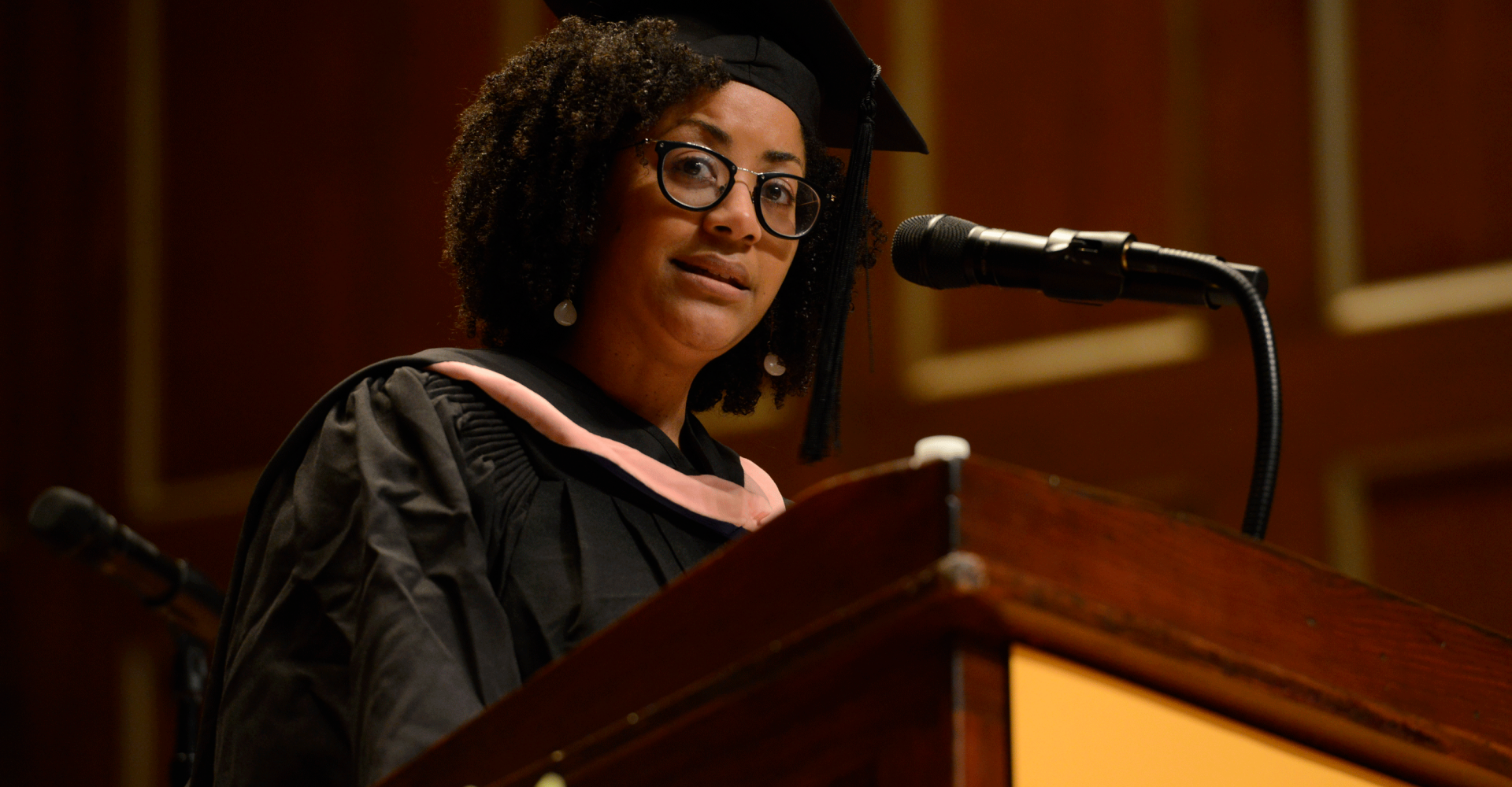 Ashleigh Gordon speaks at the podium during Commencement 2019