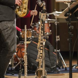 Instruments wait on stands during a jazz concert