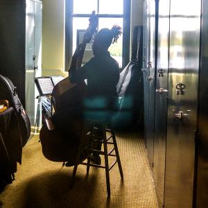 A bassist practices, viewed from behind and backlit by a bright sunny window.