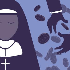 Nun and hands throwing coins
