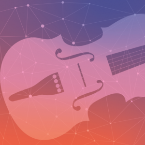 The outline of a violin, against a purple and rose background with a constellation pattern.