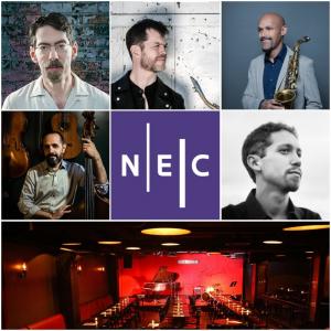 Fred Hersch, Donnie McCaslin, Miguel Zenon, Jorge Roeder, Richie Barshay, NEC logo, photo of the Jazz Standard club in NYC
