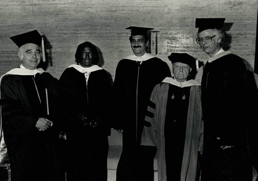 NEC Commencement, 1986: Justino Díaz, center, and fellow honorary degree recipients Joseph Silverstein, Miles Davis, and Virgil Thomson, with NEC president Laurence Lesser. Photo by Paul Foley.