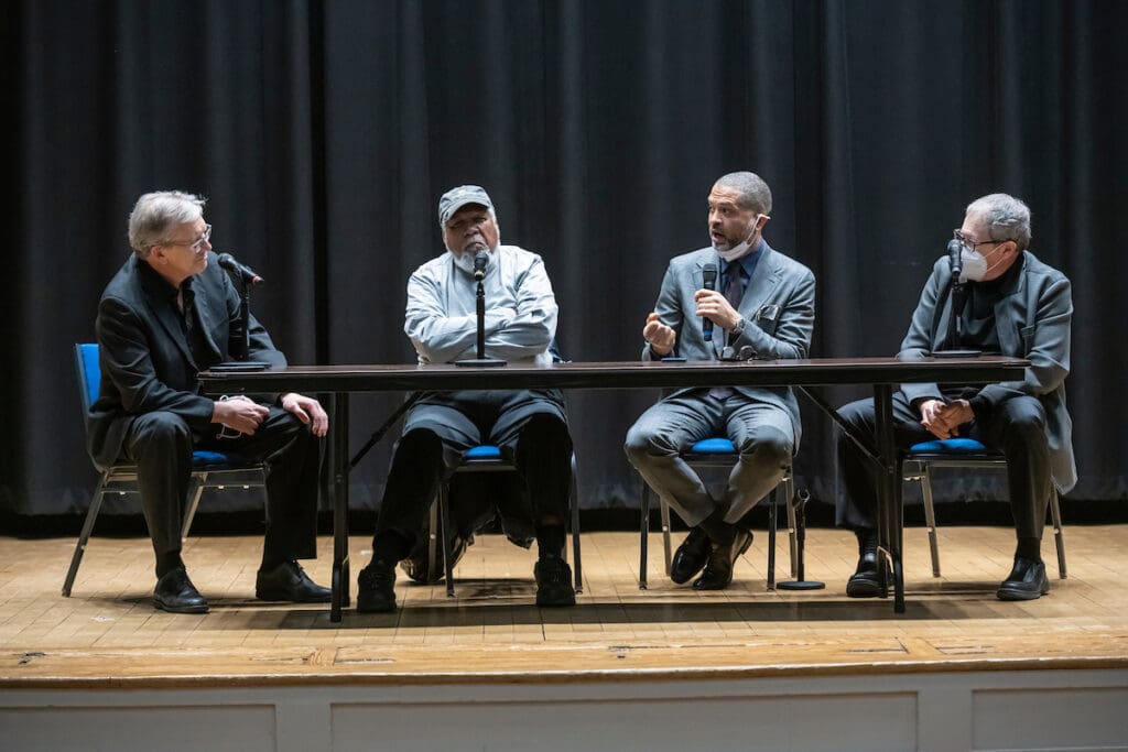 Ken Schaphorst moderates a panel discussing the Music of Jaki Byard, with former head of NEC Jazz Studies program Carl Atkins, faculty member Jason Moran, and alumni (and former Byard student) Jed Levy. Williams Hall, 3 March 2022.