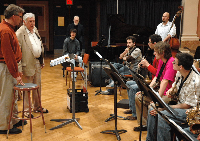Gunther Schuller with Ken Schaphorst rehearsing the NEC Jazz Orchestra in Jordan Hall, 2010.