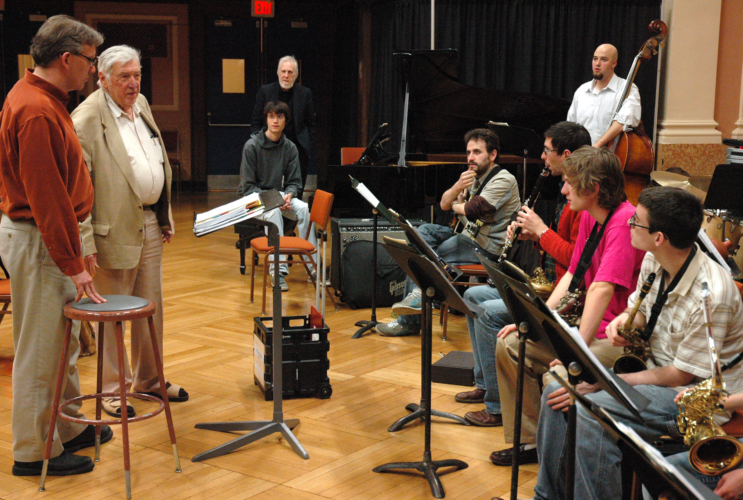 Gunther Schuller with Ken Schaphorst rehearsing the NEC Jazz Orchestra in Jordan Hall, 2010.