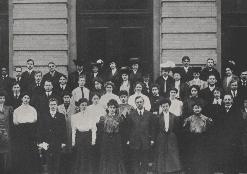 NEC graduating Class of 1906 on the steps of Jordan Hall with Florence Price, right side, second row from the bottom.