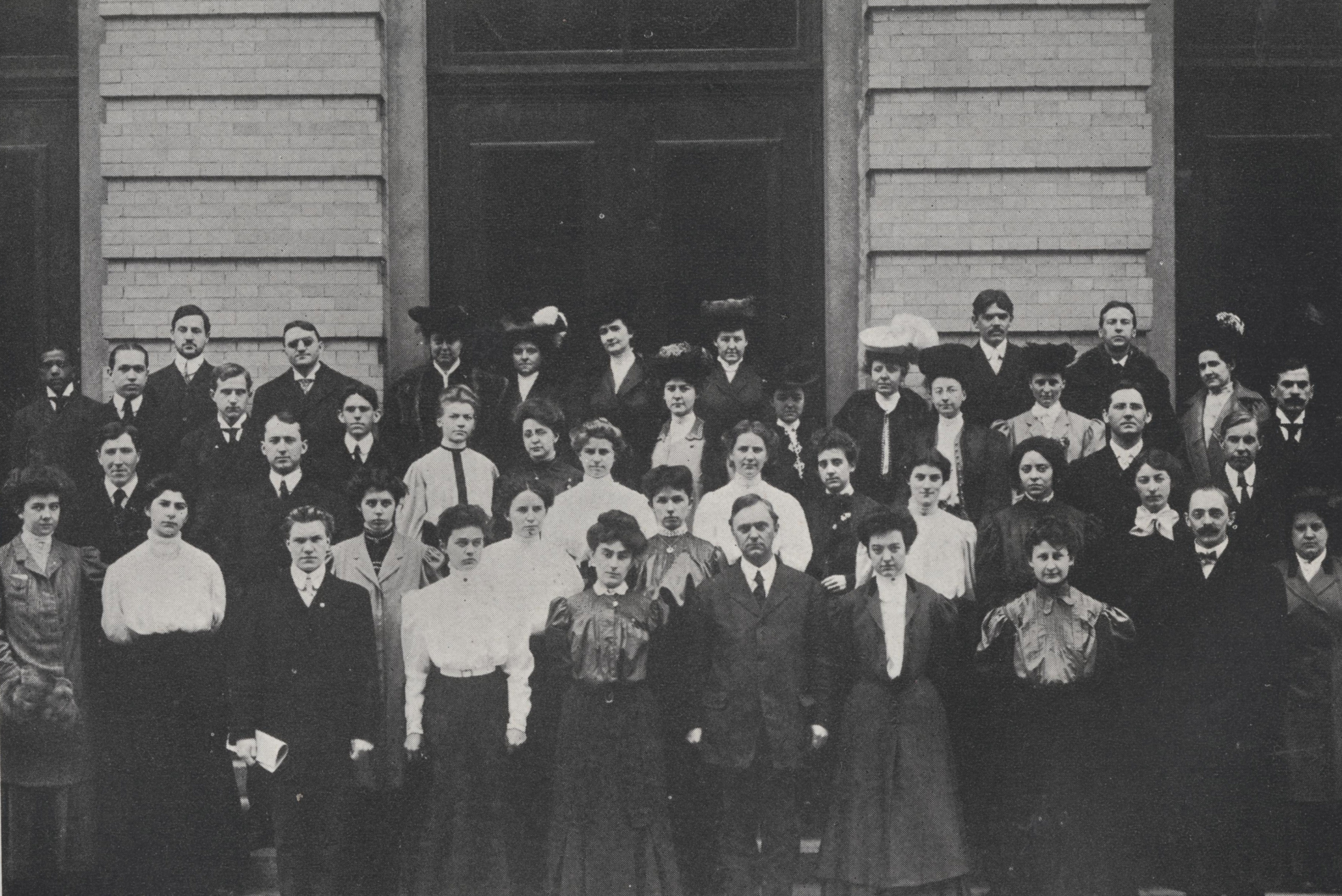 NEC graduating Class of 1906 on the steps of Jordan Hall with Florence Price, right side, second row from the bottom.