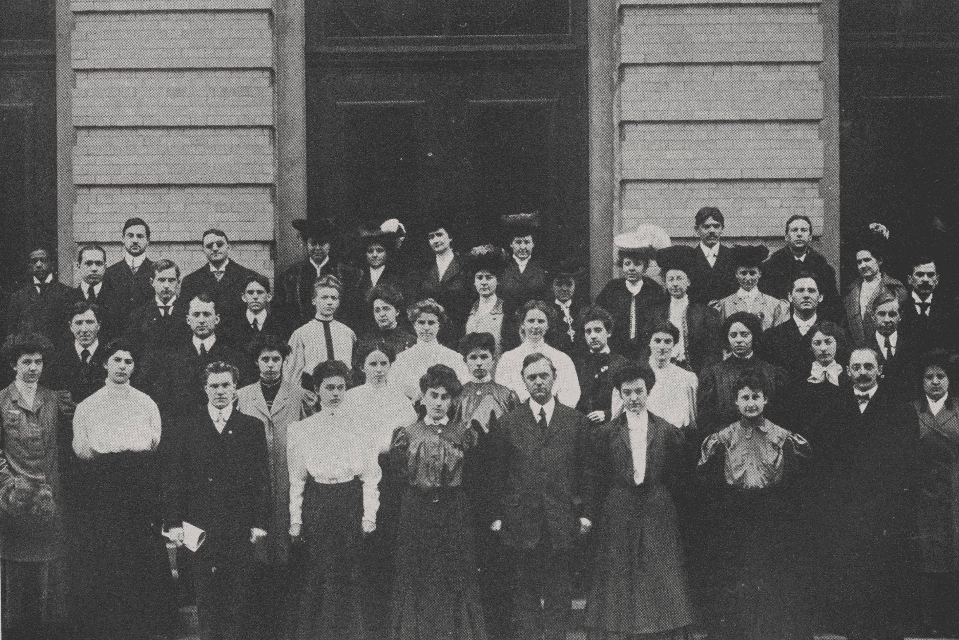 NEC graduating Class of 1906 on the steps of Jordan Hall with Florence Price, right side, second row from the bottom.