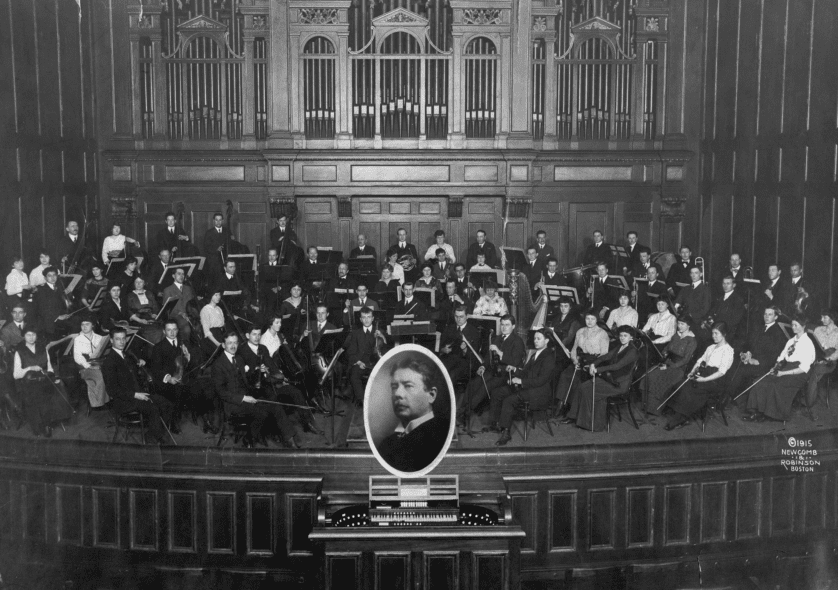 NEC Director George W. Chadwick led the Conservatory orchestra that he founded in Jordan Hall, ca. 1915.