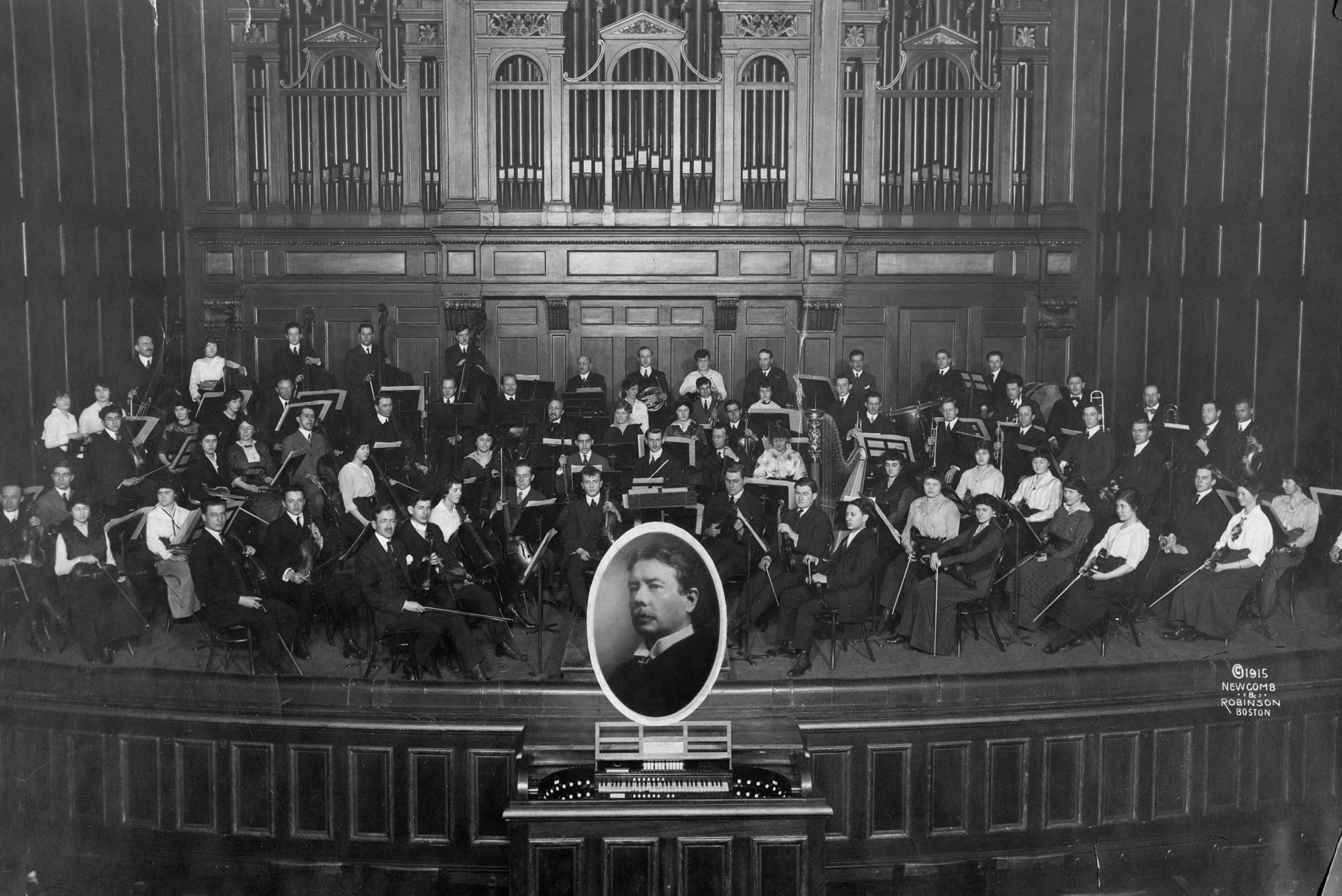 NEC Director George W. Chadwick led the Conservatory orchestra that he founded in Jordan Hall, ca. 1915.