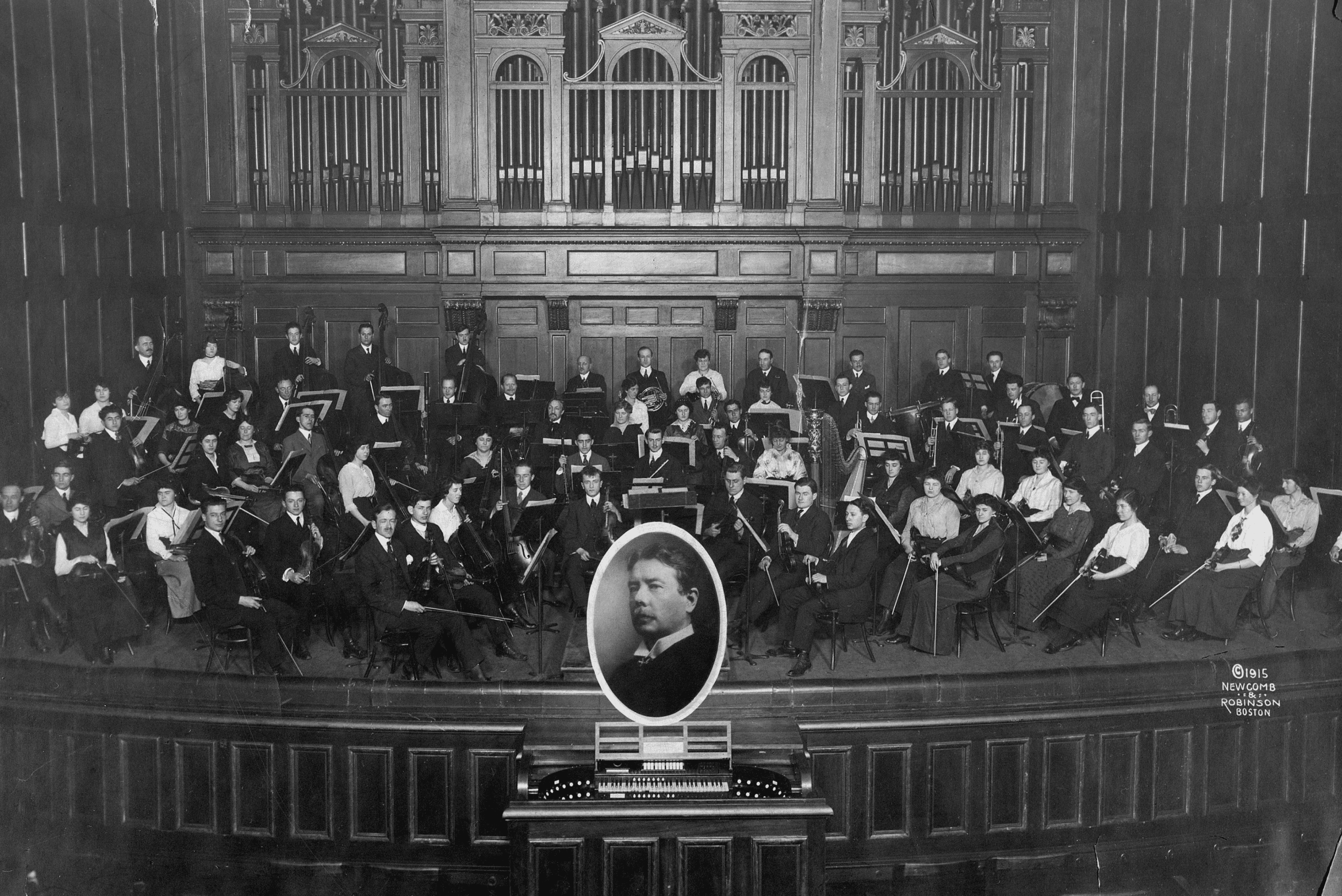 NEC Director George W. Chadwick led the Conservatory orchestra that he founded in Jordan Hall, ca. 1915.