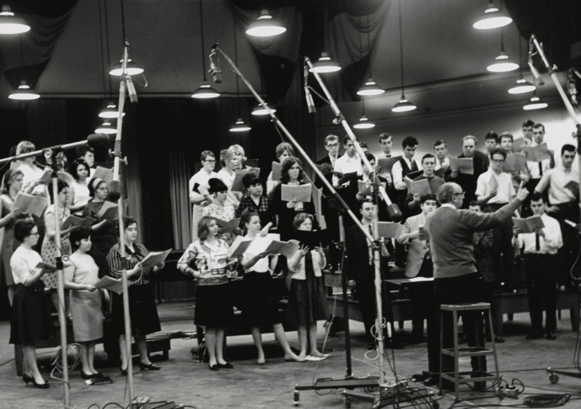 The NEC Chorus at a recording session with Aaron Copland in NYC, 1965.
