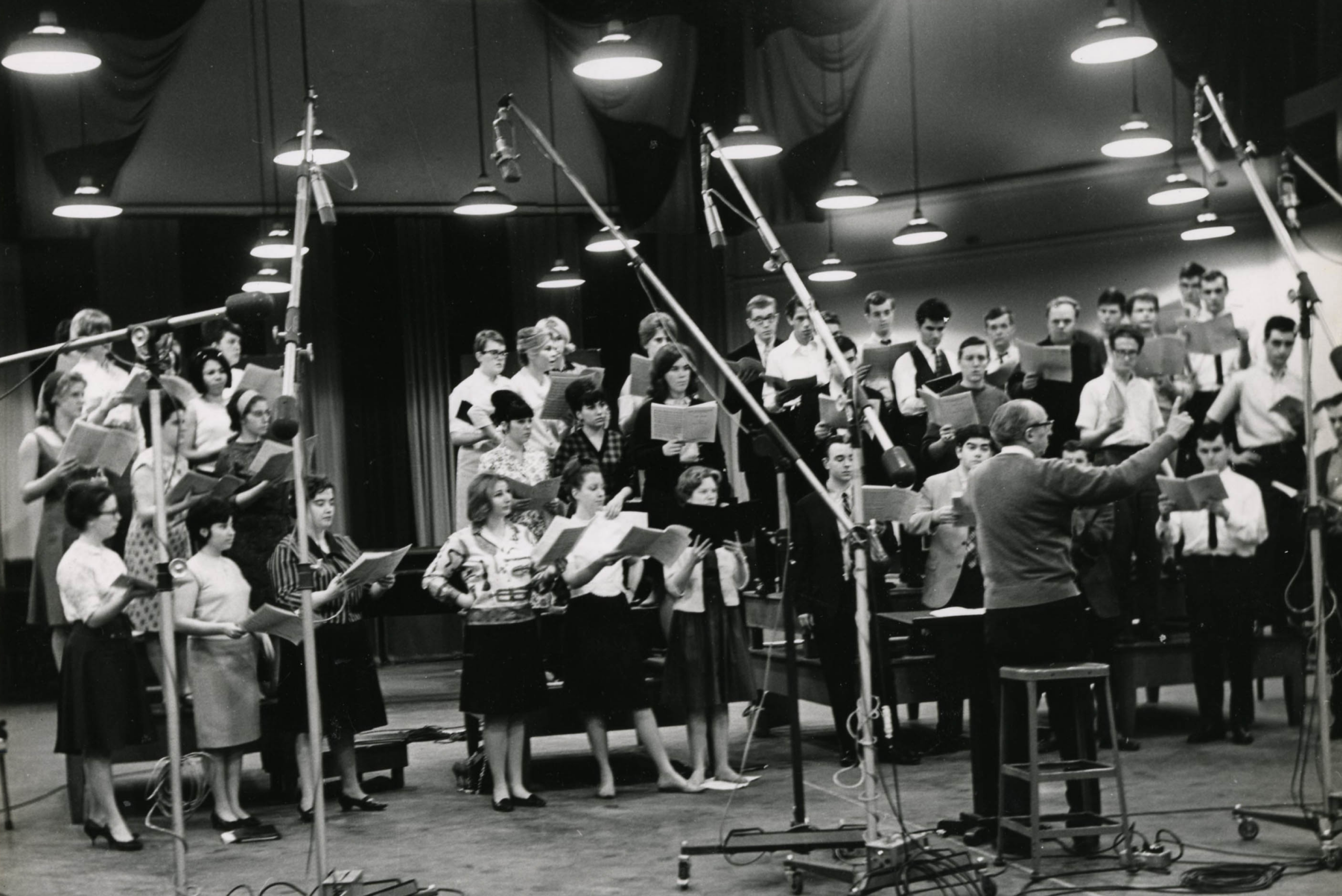 The NEC Chorus at a recording session with Aaron Copland in NYC, 1965.