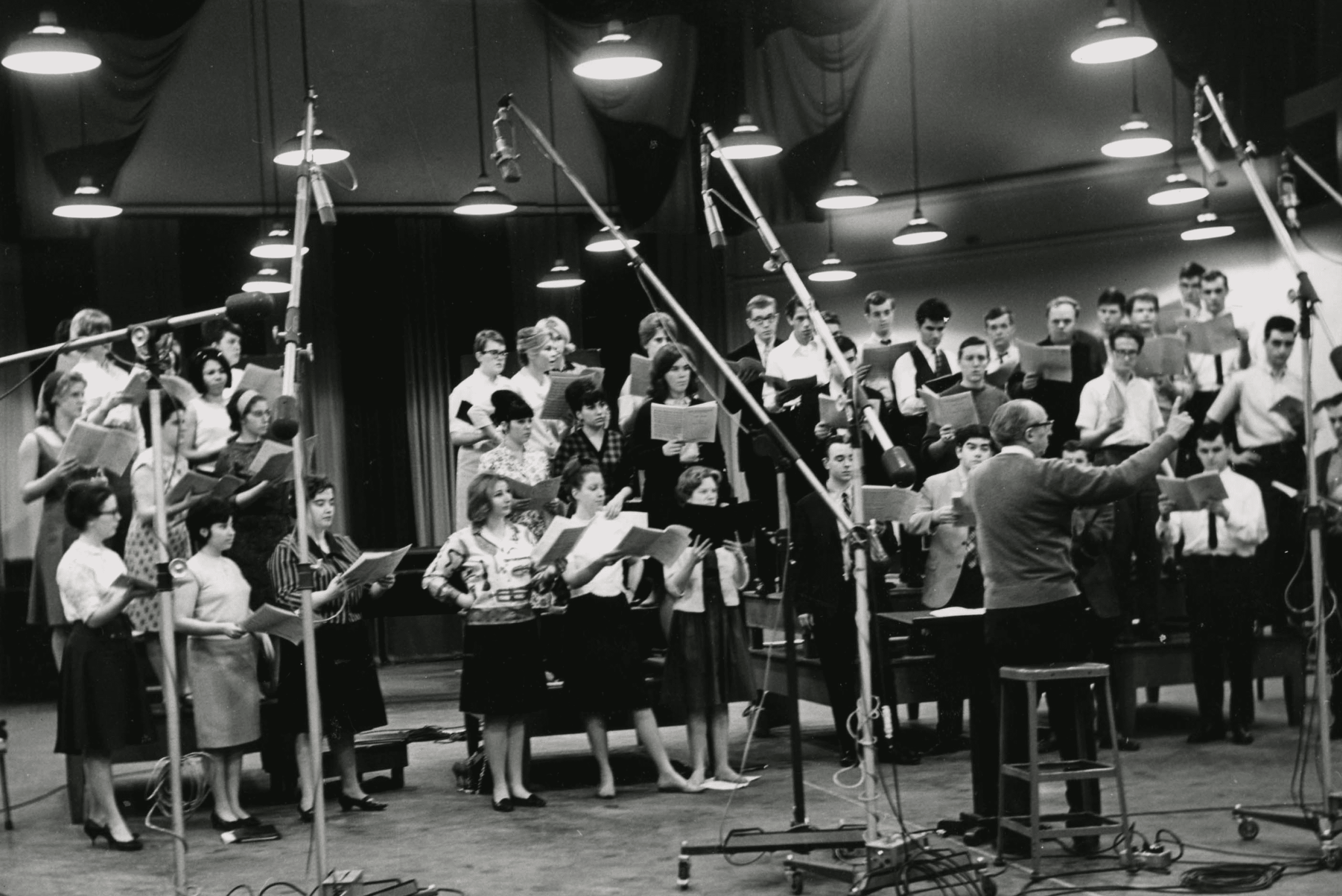 The NEC Chorus at a recording session with Aaron Copland in NYC, 1965.