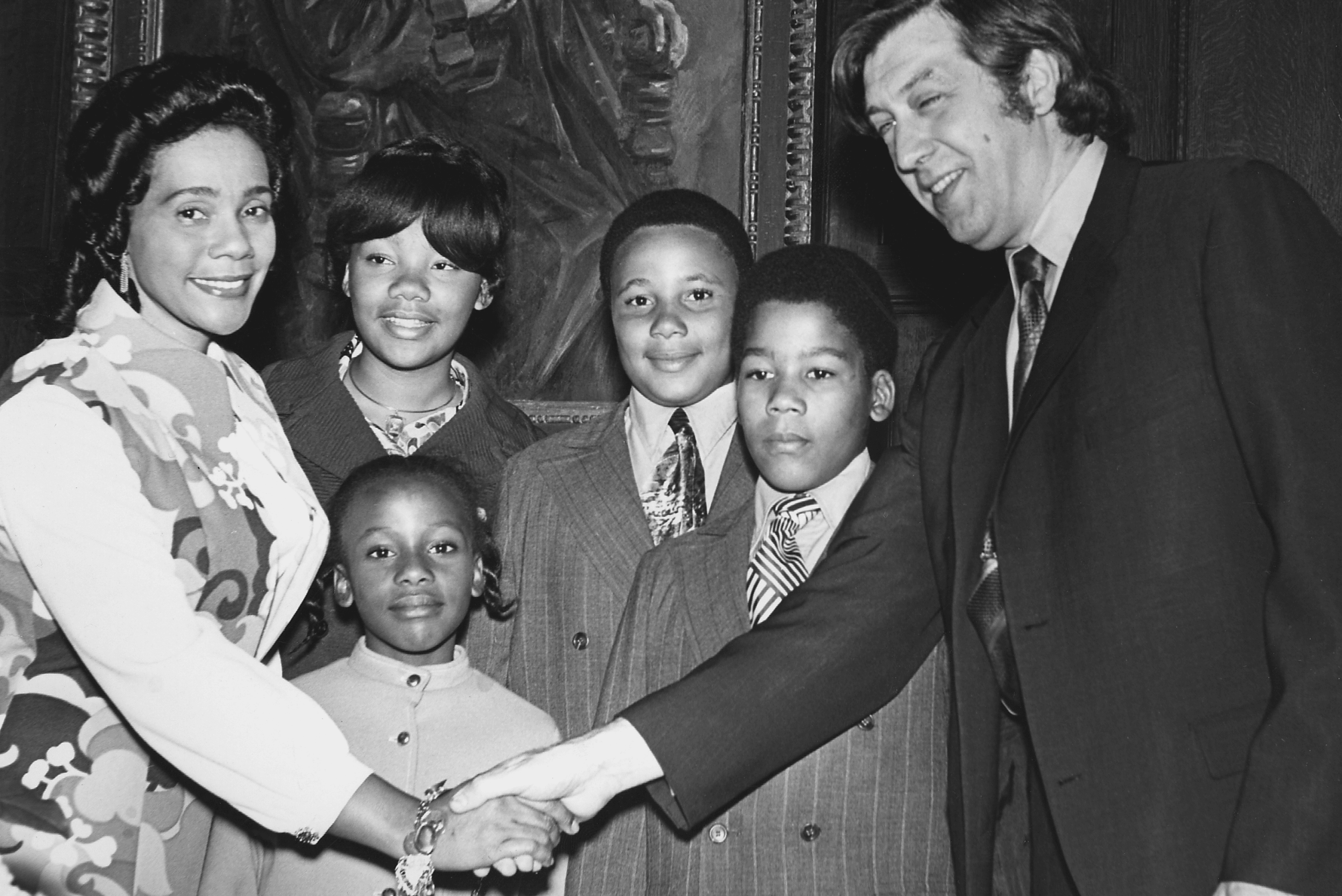Coretta Scott King ’54 and family, pictured with NEC President Gunther Schuller, received an honorary degree, 1971.