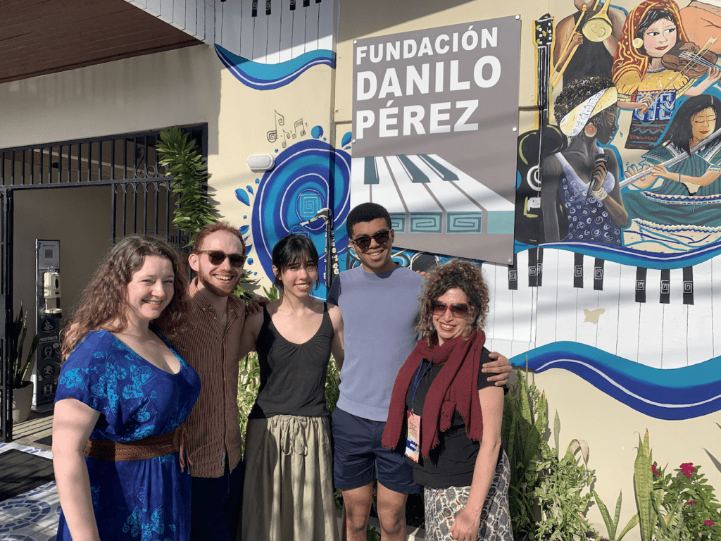Julia Connor ’16 MM (left), NEC’s graduate piano trio-in-residence Trio Gaia (middle), and NEC faculty mentor Tanya Maggi, Dean of Community Engagement and Professional Studies (right), led the Intercambio de Musica Clasica at the Panama Jazz Festival.