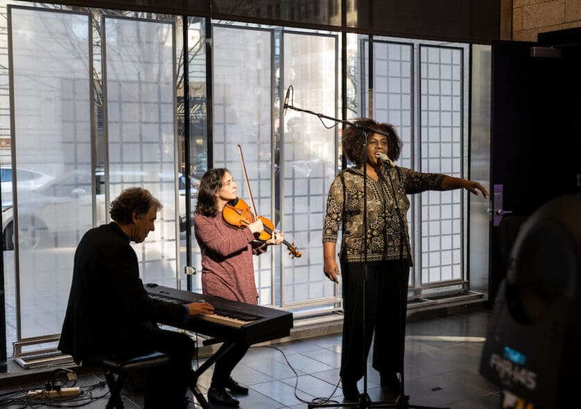 From left: Hankus Netsky, Eden MacAdam-Somer and Janice Octavia Allen of the New England Conservatory's Contemporary Musical Arts department perform at the Boston Public Library on Thursday, Nov. 10, 2022.