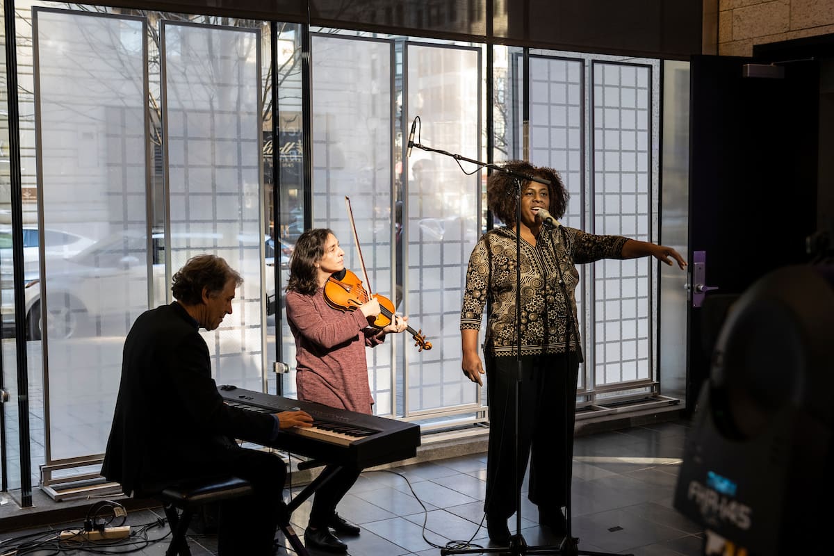 From left: Hankus Netsky, Eden MacAdam-Somer and Janice Octavia Allen of the New England Conservatory's Contemporary Musical Arts department perform at the Boston Public Library on Thursday, Nov. 10, 2022.