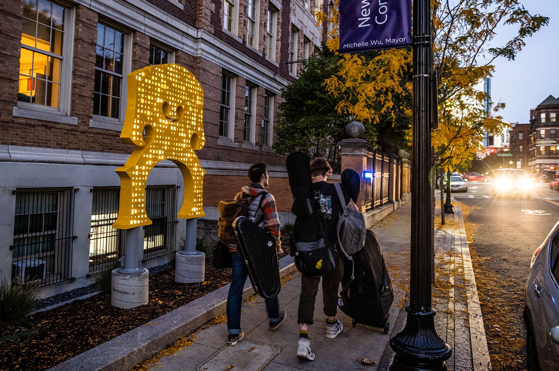Two students walking down St. Botolph street