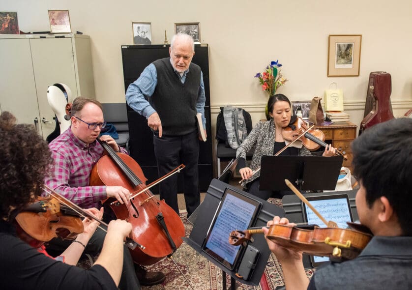 Professor Paul Katz coaches the Verona Quartet in his private studio.