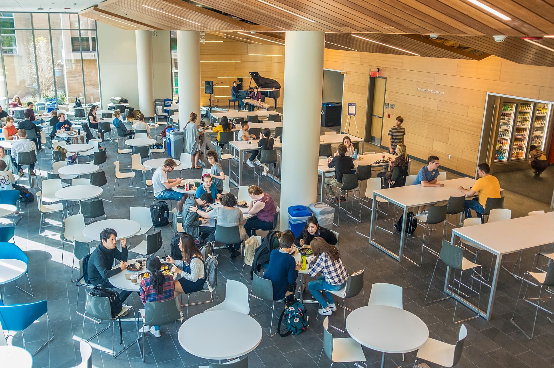 Students dining in NEC's Green Room Café.