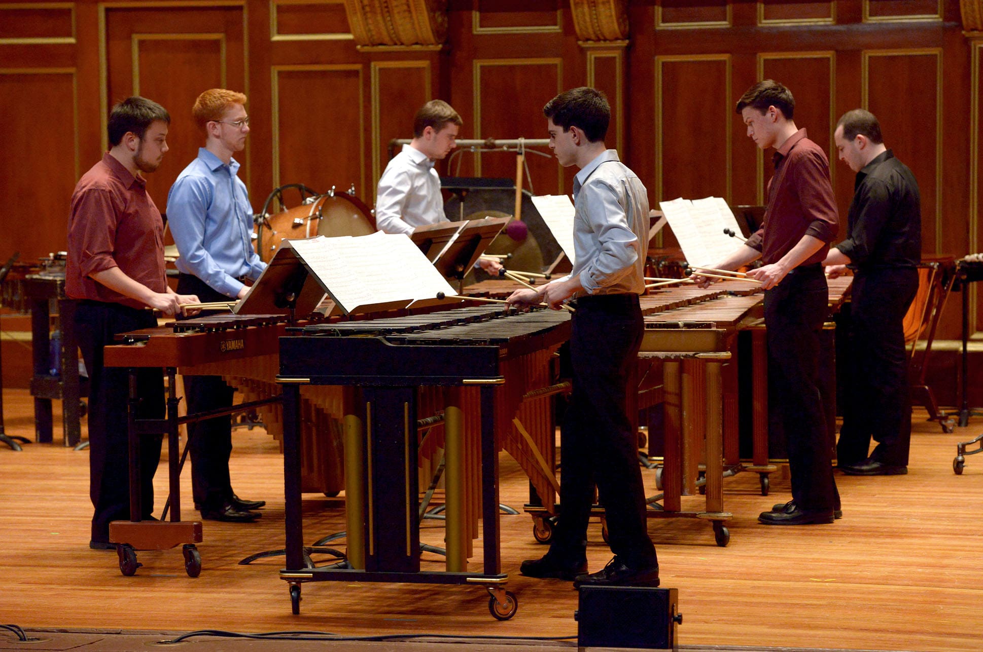Percussion ensemble performing on the Jordan Hall stage.