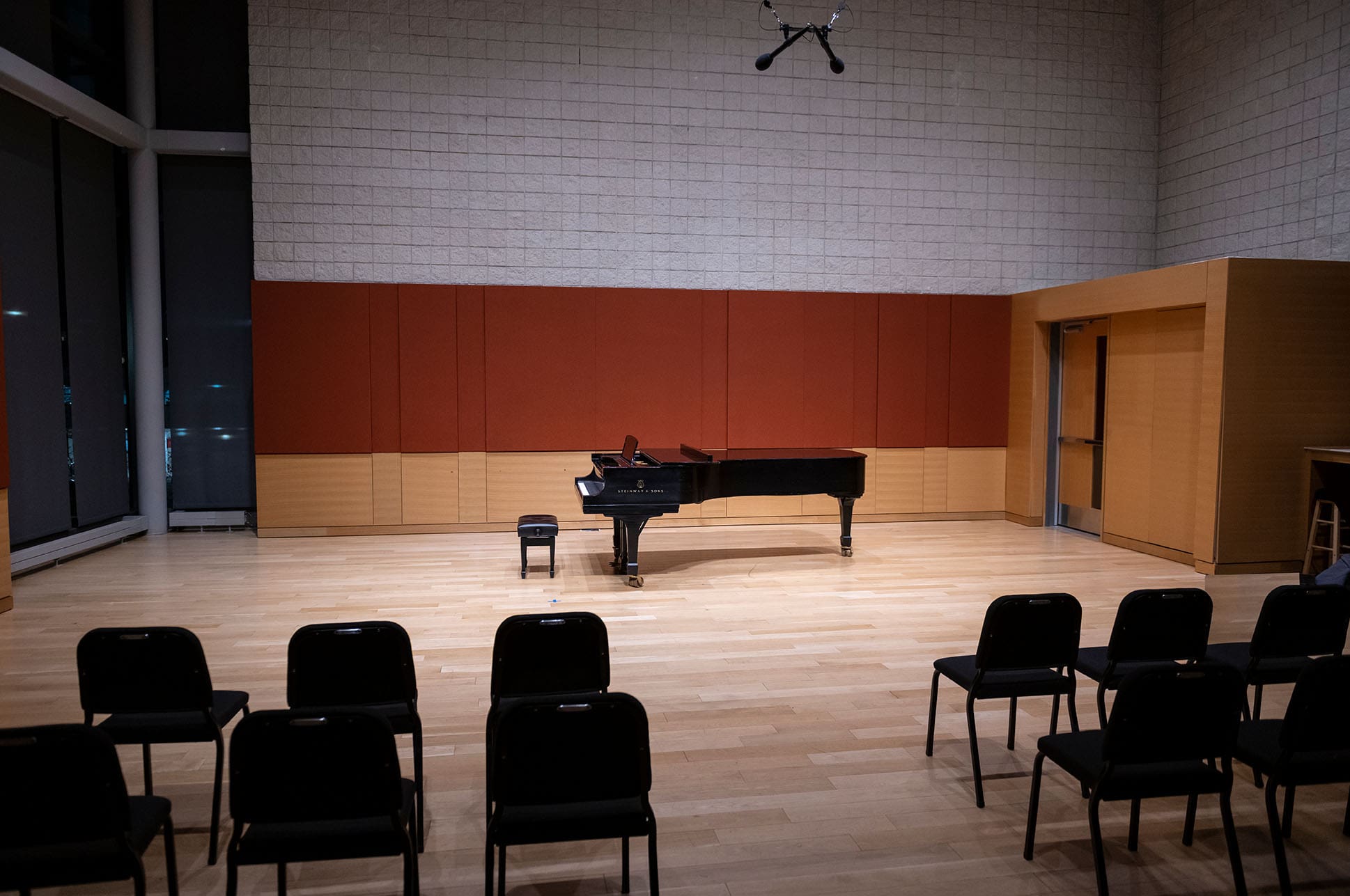 Piano in the center of Burnes Hall.