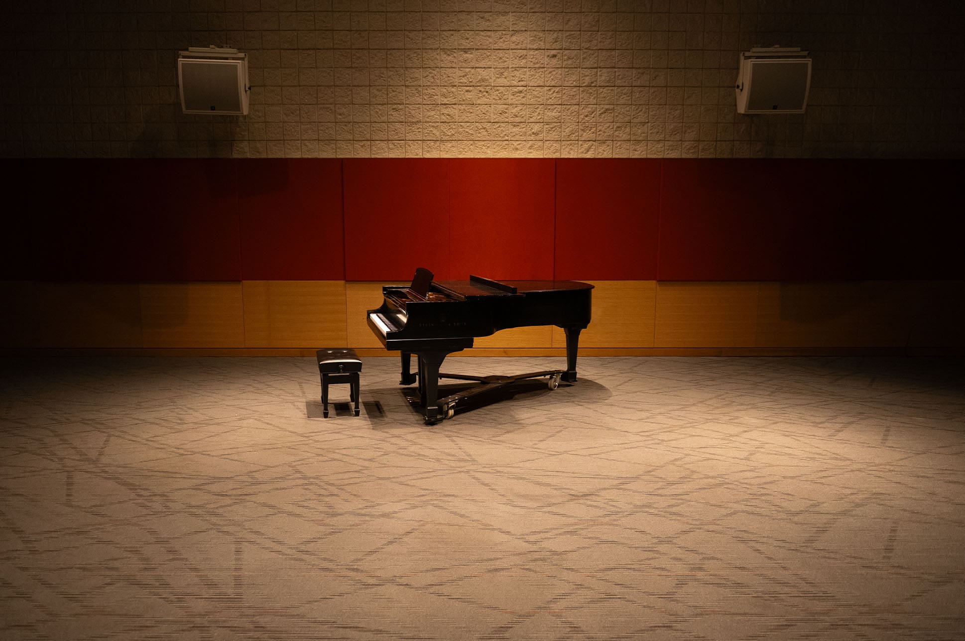 Piano in the center of the Eben Jordan Ensemble Room.