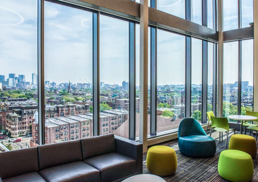 NEC's 10th Floor lounge, which offers panoramic views of Boston's Back Bay and South End neighborhoods.