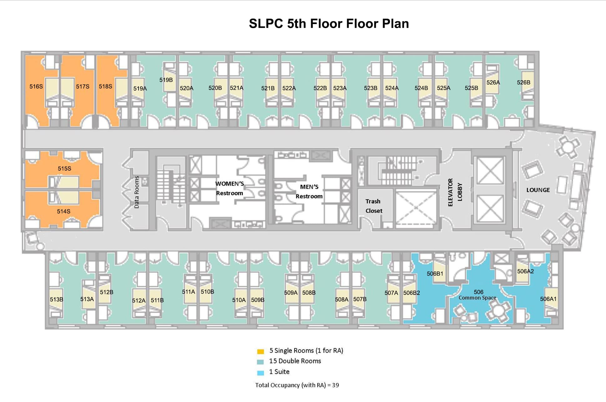 Floor plan diagram of floors 5 through 10 in the NEC residence hall.