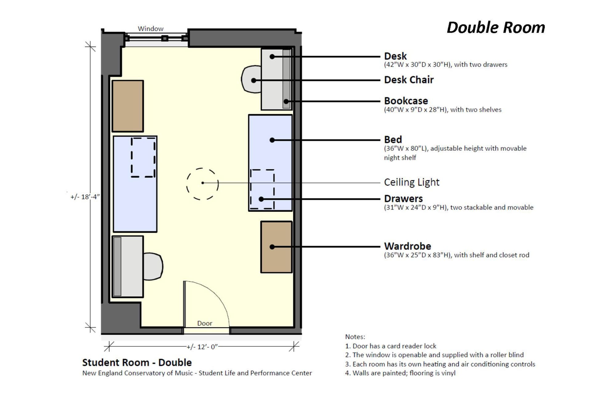 Floor plan diagram of a double residency room in the NEC residence hall.