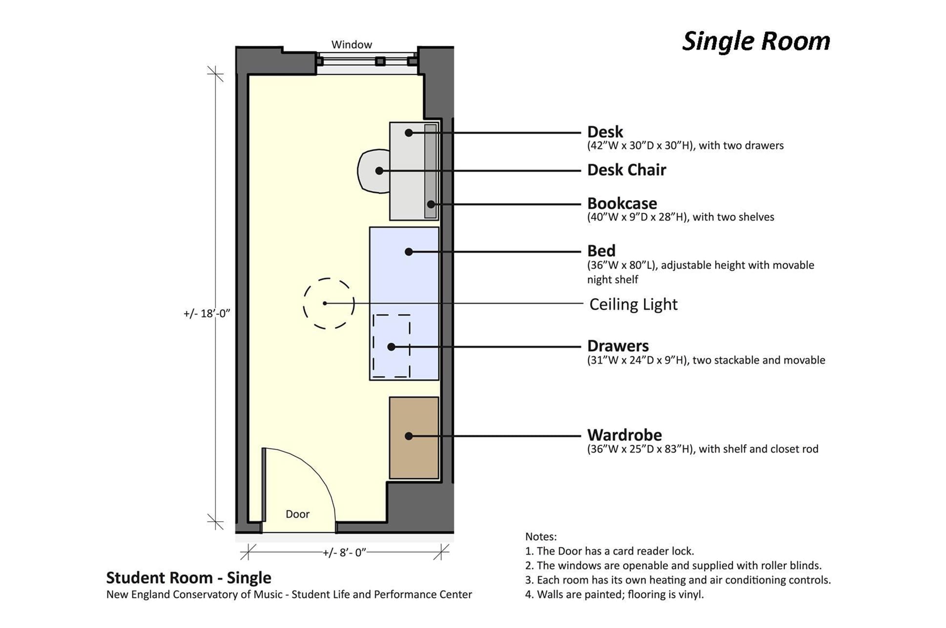 Floor plan diagram of a single residency room in the NEC residence hall.