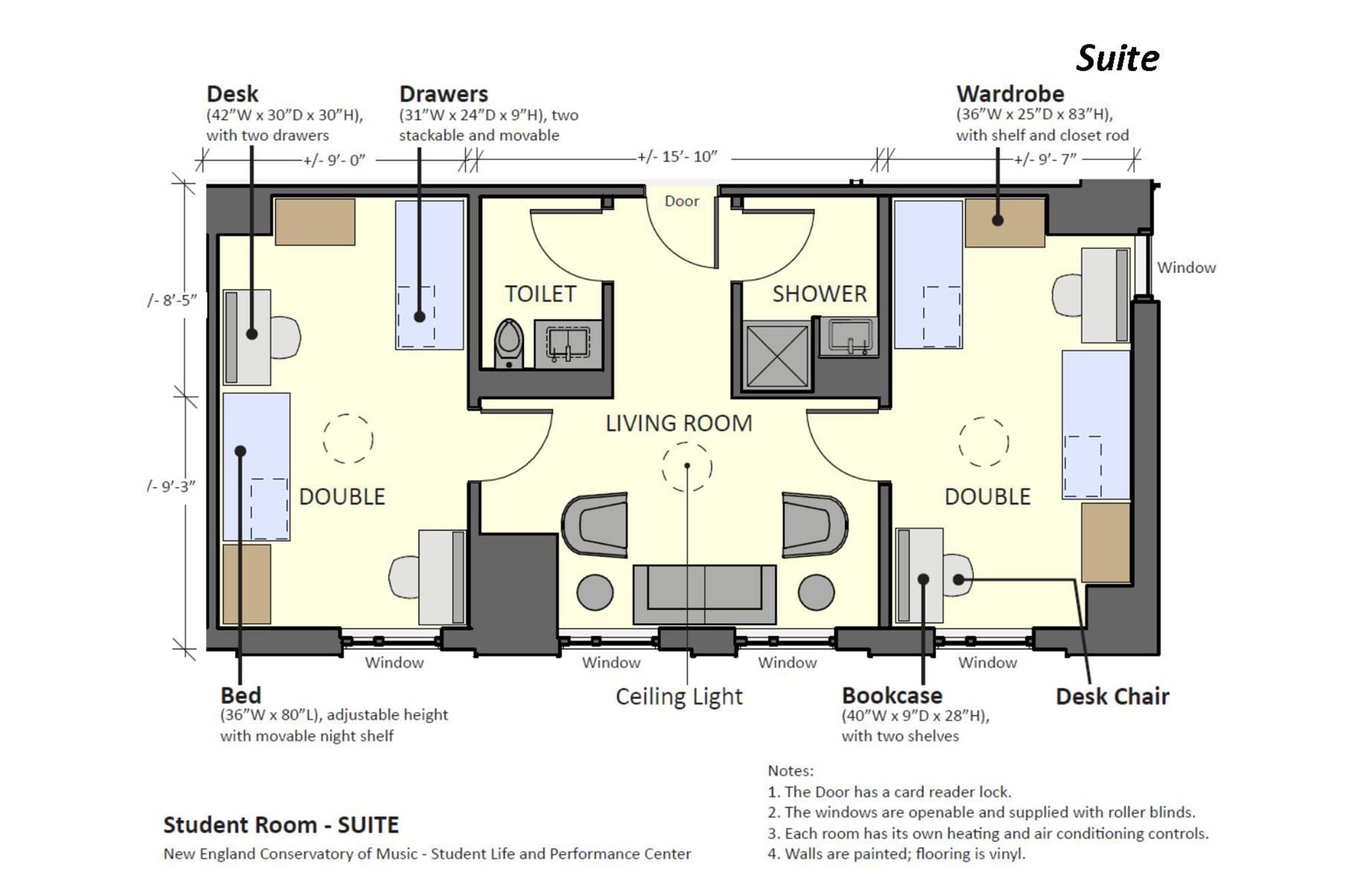 Floor plan diagram of a suite-style room in the NEC residence hall.