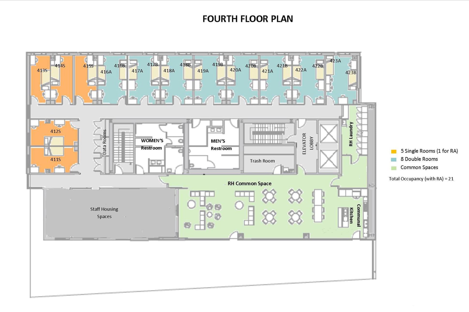 Floor plan diagram of the fourth floor in the NEC residence hall.