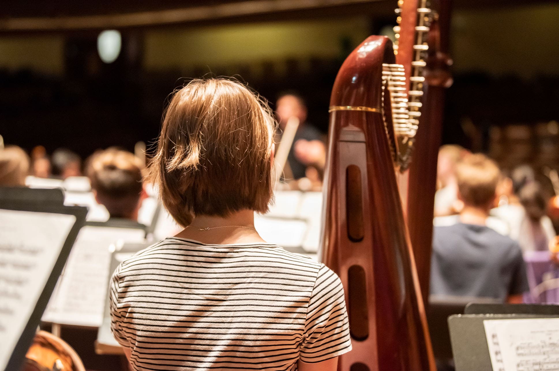 A student with a harp facing an audience as part of an orchestra.